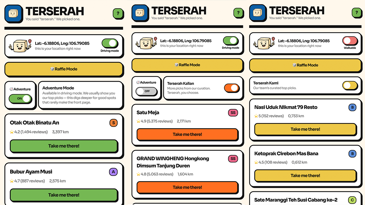 Terserah app showing three ways to discover restaurants.